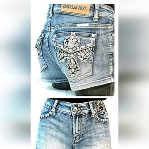 PLATINUM PLUSH RHINESTONE & STUD CROSS SHORTS size medium